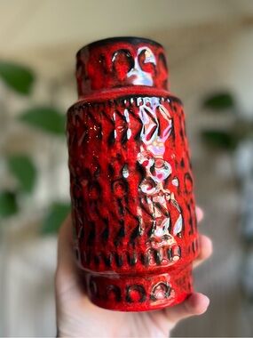 Vintage West Germany Red Lava Vase Mid Century Modern Pottery Fat Lava Ceramic
